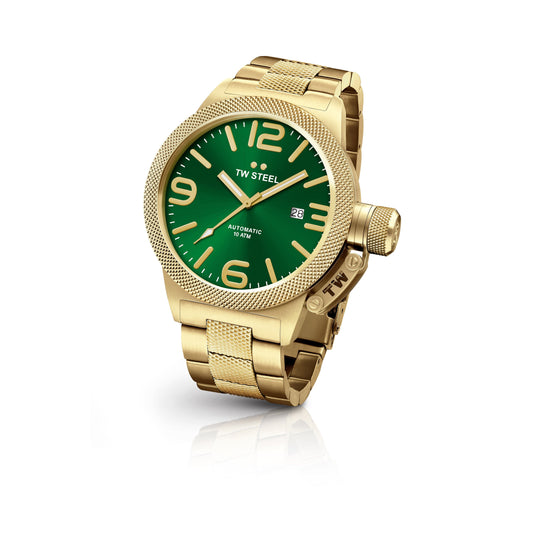 TW Steel Canteen 45mm Steel PVD Yellow Gold Plated Automatic Sunray Green On Bracelet CB225