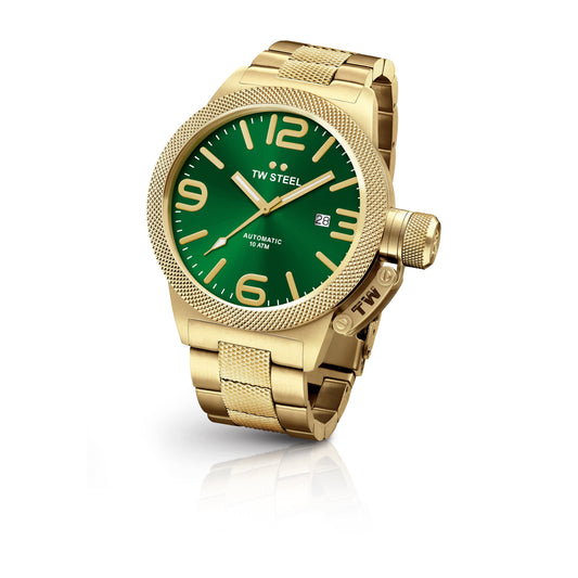 TW Steel Canteen 50mm Steel PVD Yellow Gold Plated Automatic Sunray Green On Bracelet CB226