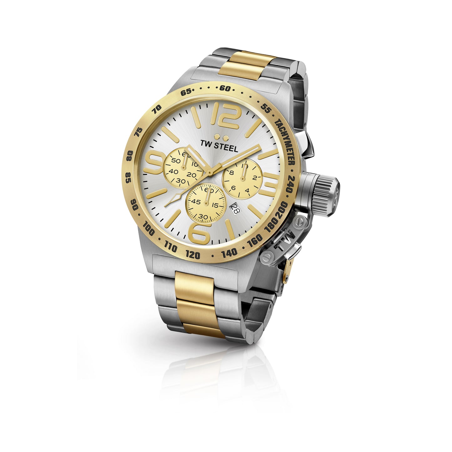 TW Steel Canteen 45mm Steel PVD Yellow Gold Plated Chronograph Sunray Silver On Bracelet CB33