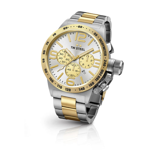 TW Steel Canteen 50mm Steel PVD Yellow Gold Plated Chronograph Sunray Silver On Bracelet CB34