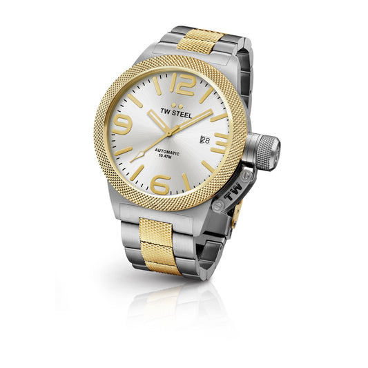 TW Steel Canteen 50mm Steel PVD Yellow Gold Plated Automatic Sunray Silver On Bracelet CB36