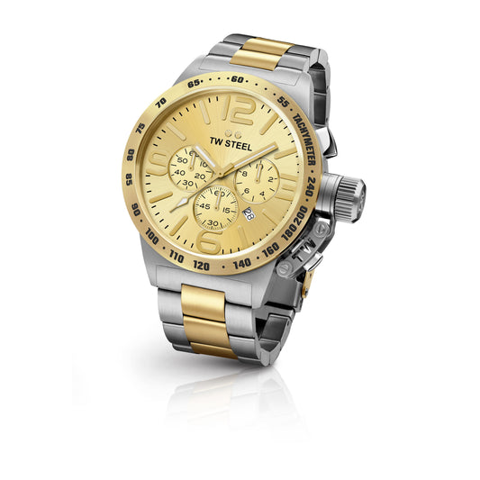 TW Steel Canteen 50mm Steel PVD Yellow Gold Plated Chronograph Sunray Gold On Bracelet CB54