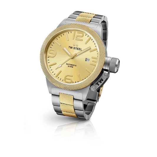 TW Steel Canteen 50mm Steel PVD Yellow Gold Plated Automatic Sunray Gold On Bracelet CB56