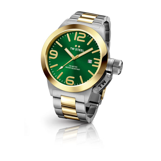 TW Steel Canteen 50mm Steel PVD Yellow Gold Plated Sunray Green On Bracelet CB62