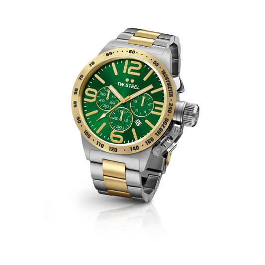 TW Steel Canteen 45mm Steel PVD Yellow Gold Plated Chronograph Sunray Green On Bracelet CB63