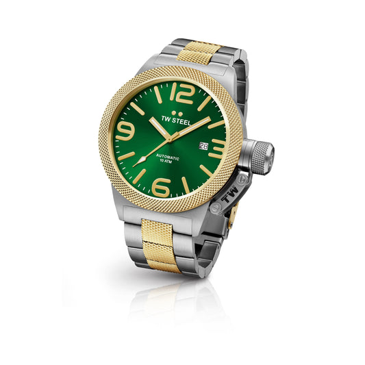 TW Steel Canteen 45mm Steel PVD Yellow Gold Plated Automatic Sunray Green On Bracelet CB65