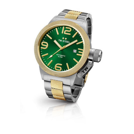 TW Steel Canteen 50mm Steel PVD Yellow Gold Plated Automatic Sunray Green On Bracelet CB66