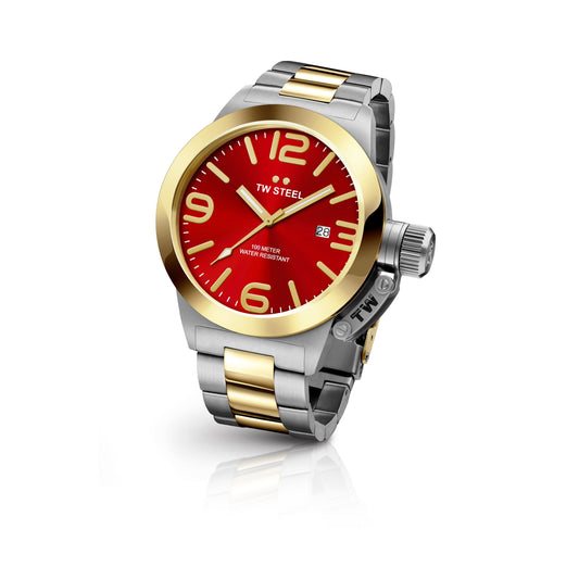 TW Steel Canteen 45mm Steel PVD Yellow Gold Plated Red On Bracelet CB71