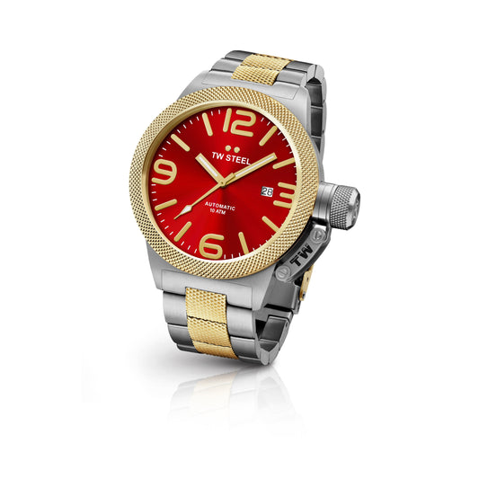 TW Steel Canteen 45mm Steel PVD Yellow Gold Plated Automatic Red On Bracelet CB75