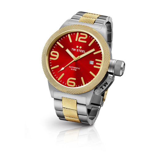 TW Steel Canteen 50mm Steel PVD Yellow Gold Plated Automatic Red On Bracelet CB76