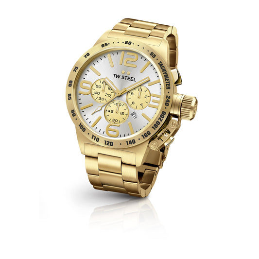 TW Steel Canteen 50mm Steel PVD Yellow Gold Plated Chronograph Sunray Silver On Bracelet CB84