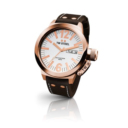 TW Steel CEO Canteen 45mm PVD Rose Gold Plated white On Leather Strap CE1017