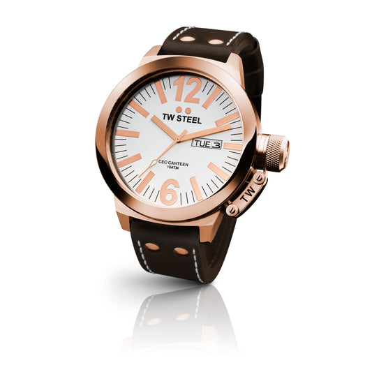 TW Steel CEO Canteen 50mm PVD Rose Gold Plated White On Leather Strap CE1018