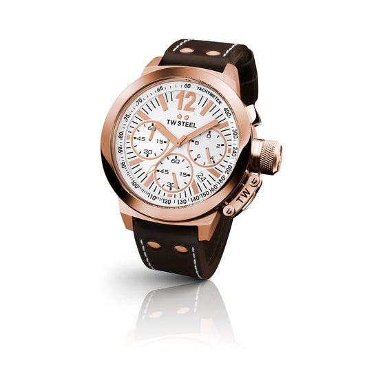 TW Steel CEO Canteen 45mm PVD Rose Gold Plated Chronograph White On Leather Strap CE1019