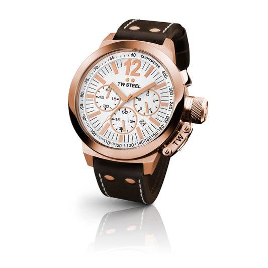 TW Steel CEO Canteen 50mm PVD Rose Gold Plated Chronograph White On Leather Strap CE1020