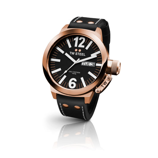 TW Steel CEO Canteen 45mm PVD Rose Gold Plated Black On Leather Strap CE1021