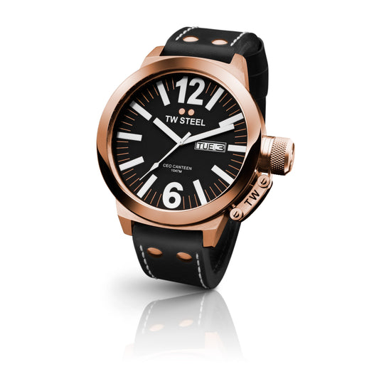 TW Steel CEO Canteen 50mm PVD Rose Gold Plated Black On Leather Strap CE1022