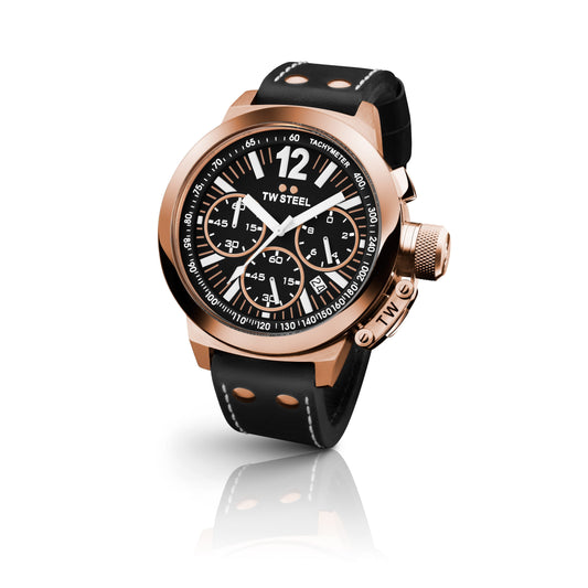 TW Steel CEO Canteen 45mm PVD Rose Gold Plated Chronograph Black On Leather Strap CE1023