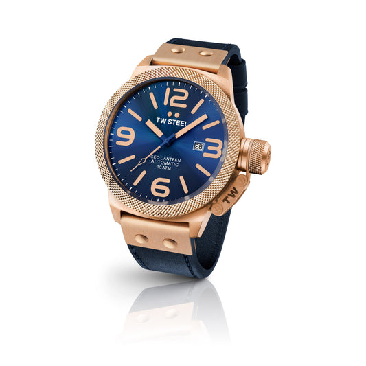 TW Steel CEO Canteen 45mm PVD Rose Gold Plated Automatic Sunray Blue On Leather Strap CE1201