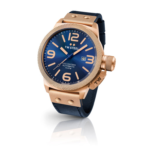 TW Steel CEO Canteen 50mm PVD Rose Gold Plated Automatic Sunray Blue On Leather Strap CE1202