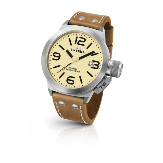 TW Steel Canteen 50mm Steel Cream On Leather Strap CS12