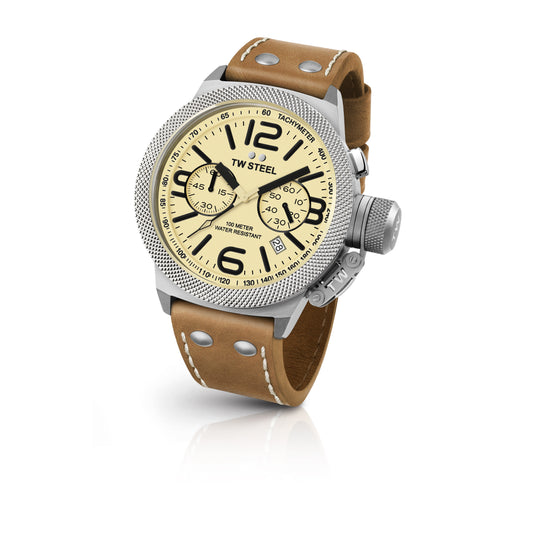 TW Steel Canteen 50mm Steel Chronograph Cream On Leather Strap CS14