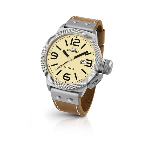 TW Steel Canteen 45mm Steel Automatic Cream On Leather Strap CS15