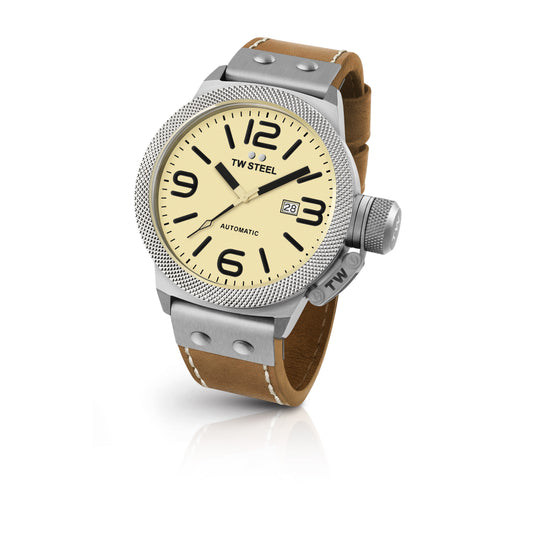 TW Steel Canteen 50mm Steel Automatic Cream On Leather Strap CS16