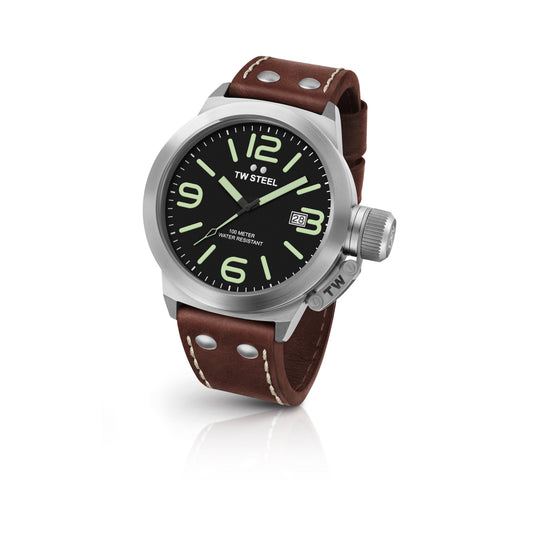 TW Steel Canteen 45mm Steel Black With Luminous Green On Leather Strap CS21