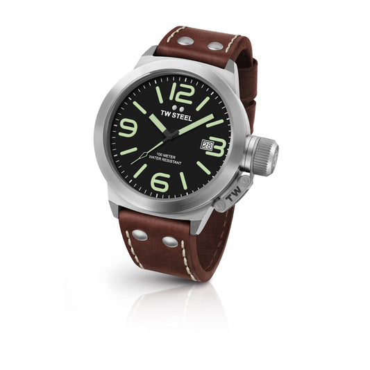 TW Steel Canteen 50mm Steel Black With Luminous Green On Leather Strap CS22