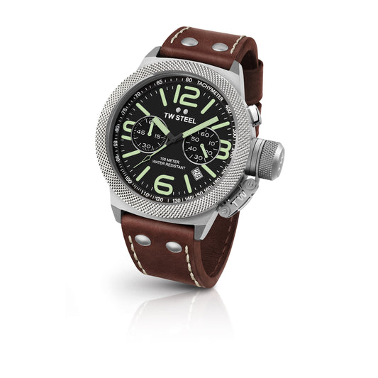 TW Steel Canteen 50mm Chronograph Black With Luminous Green On Leather Strap CS24