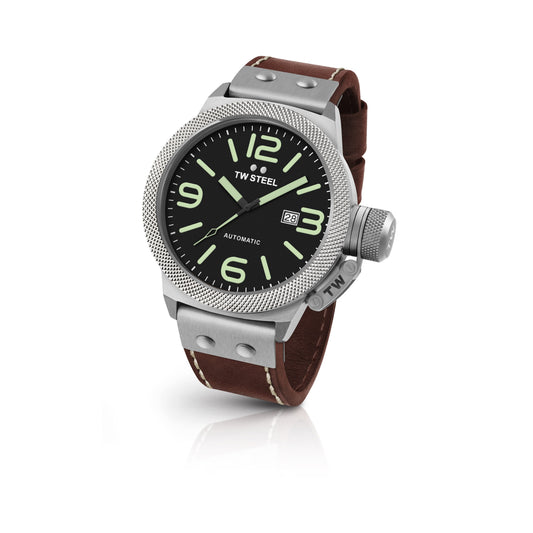 TW Steel Canteen 45mm Automatic Black With Luminous Green On Leather Strap CS25