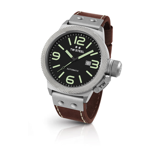 TW Steel Canteen 50mm Automatic Black With Luminous Green On Leather Strap CS26