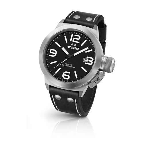 TW Steel Canteen 50mm Steel Black On Leather Strap CS2