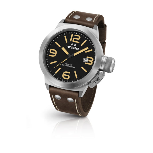 TW Steel Canteen 50mm Date Black On Brown Leather Strap CS32