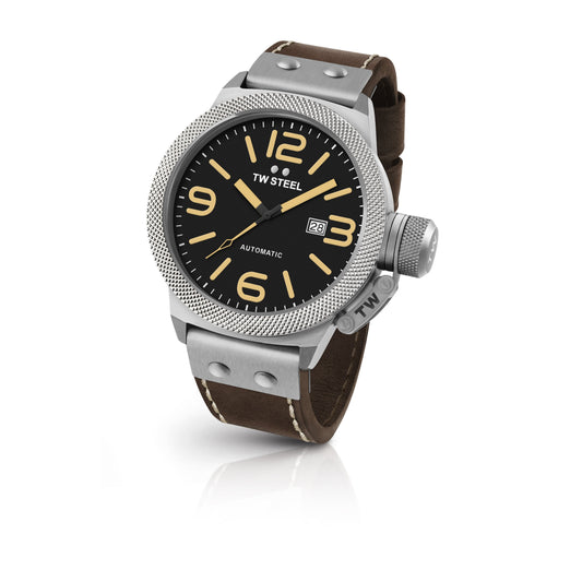 TW Steel Canteen 50mm Automatic Black On Brown Leather Strap CS36