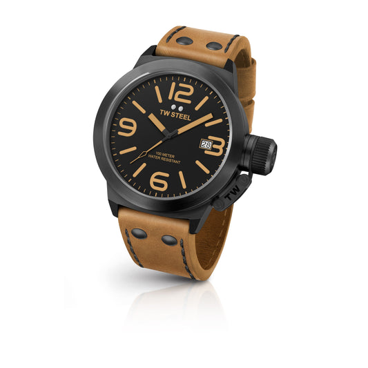 TW Steel Canteen 50mm PVD Black Coated Black/Camel On Leather strap CS42