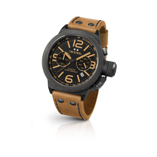 TW Steel Canteen 45mm PVD Black Coated Chronograph Black/Camel On Leather strap CS43