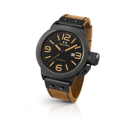 TW Steel Canteen 45mm PVD Black Coated Automatic Black/Camel On Leather strap CS45