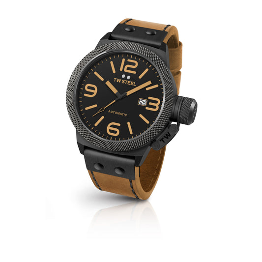 TW Steel Canteen 50mm PVD Black Coated Automatic Black/Camel On Leather strap CS46