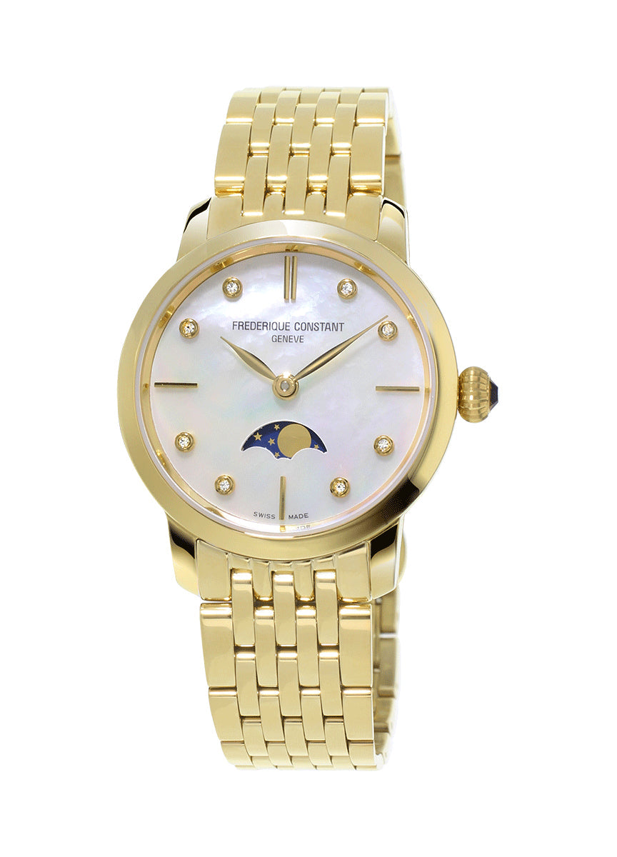 Frederique Constant Ultra Slimline Moonphase Women's Watch Yellow Gold Plated Diamond Dial On Bracelet FC-206MPWD1S5B