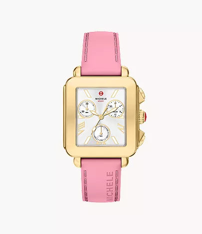 Michele Deco Sport Chronograph Gold-Tone Vintage Pink Silicone Watch MWW06K000076