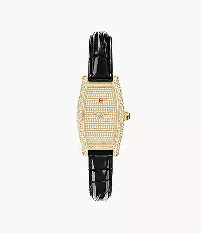 Michele Limited Edition Coquette Pave 18K Gold-Plated Black Leather Watch MWW08B000286