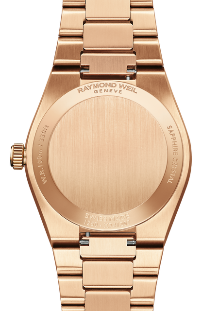 Raymond Weil simple A.R.T. Mother-of-pearl Dial Diamond-Set Bezel Integrated Bracelet Stainless Steel With Rose Gold PVD Quartz Watch, 30 mm 1250-P5S-97081