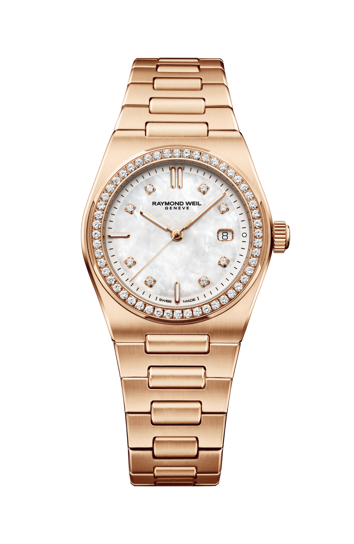 Raymond Weil simple A.R.T. Mother-of-pearl Dial Diamond-Set Bezel Integrated Bracelet Stainless Steel With Rose Gold PVD Quartz Watch, 30 mm 1250-P5S-97081