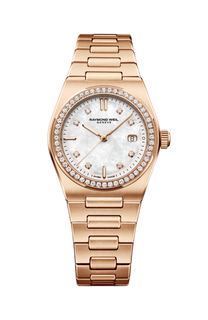 Raymond Weil simple A.R.T. Mother-of-pearl Dial Diamond-Set Bezel Integrated Bracelet Stainless Steel With Rose Gold PVD Quartz Watch, 30 mm 1250-P5S-97081