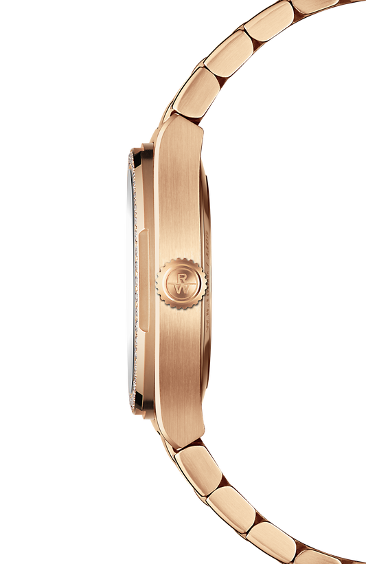Raymond Weil simple A.R.T. Mother-of-pearl Dial Diamond-Set Bezel Integrated Bracelet Stainless Steel With Rose Gold PVD Quartz Watch, 30 mm 1250-P5S-97081