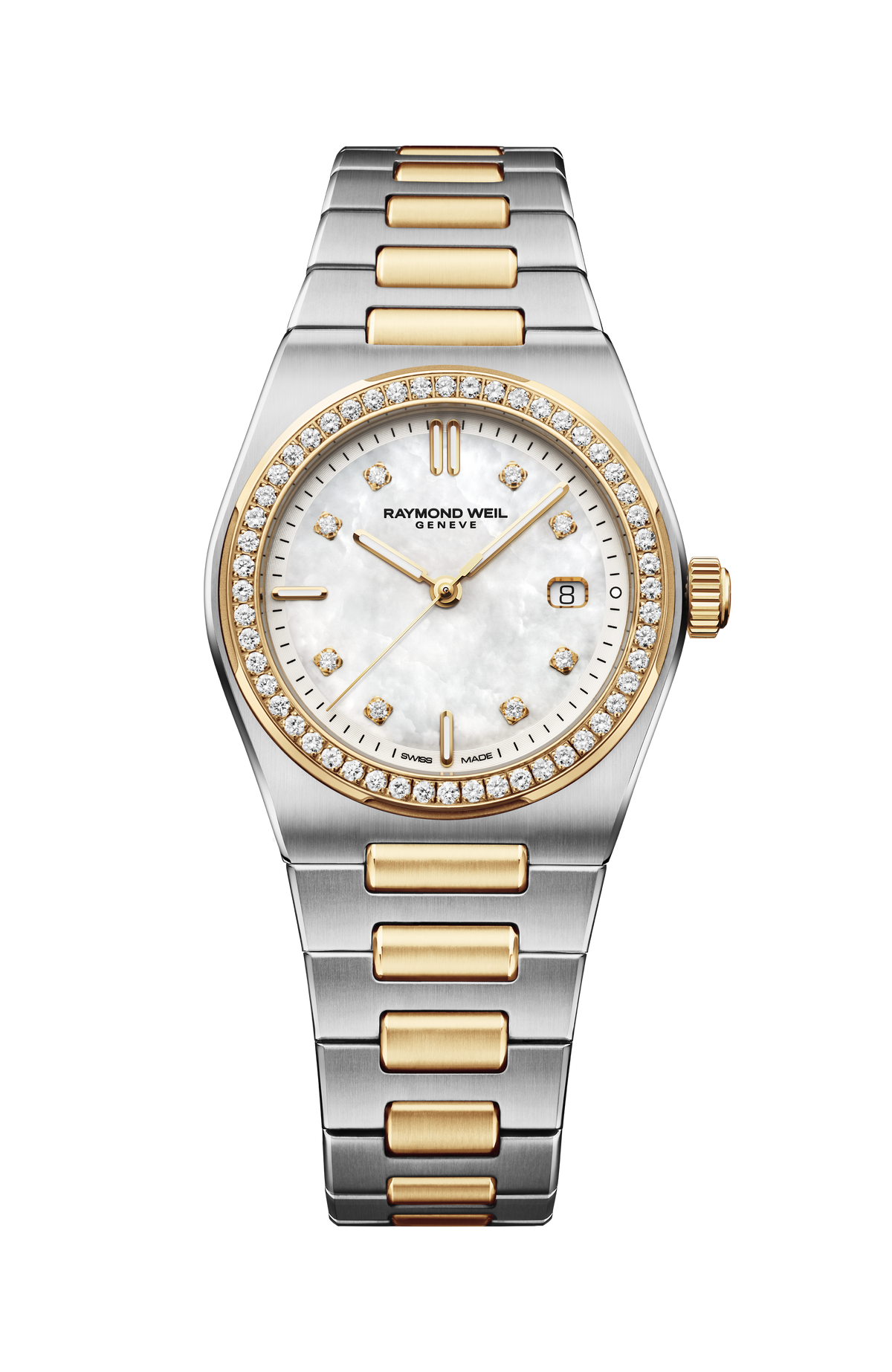 Raymond Weil simple A.R.T. Mother-of-pearl Dial Diamond-Set Bezel Integrated Two-tone Bracelet Quartz Watch, 30 mm 1250-SPS-97081