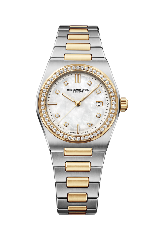 Raymond Weil simple A.R.T. Mother-of-pearl Dial Diamond-Set Bezel Integrated Two-tone Bracelet Quartz Watch, 30 mm 1250-SPS-97081