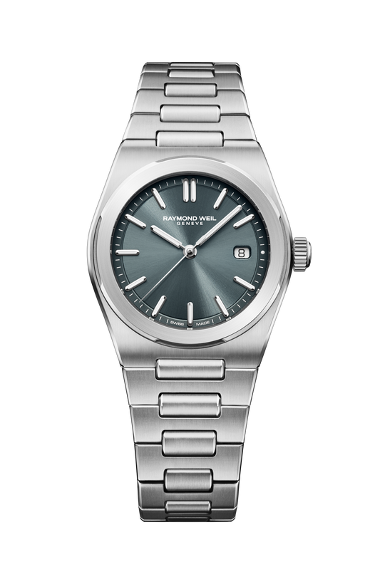 Raymond Weil simple A.R.T. Charcoal Blue Dial Integrated Stainless Steel Bracelet Quartz Watch, 30 mm 1250-ST-56001